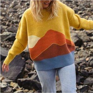 Passenger Cozy Mustard Multi-Color Mountain-Pattern Sweater